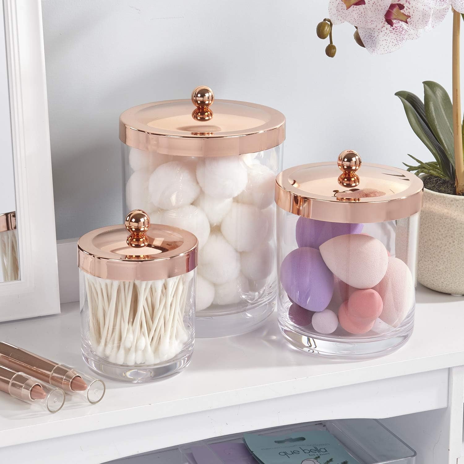 3-Pack Premium Quality Qtip and Cotton Ball Holders | 15-Oz, 30-Oz, and 60-Oz Clear Plastic Apothecary Jars with Matte Rose Gold Lids | Perfect Containers for Bathroom and Vanity